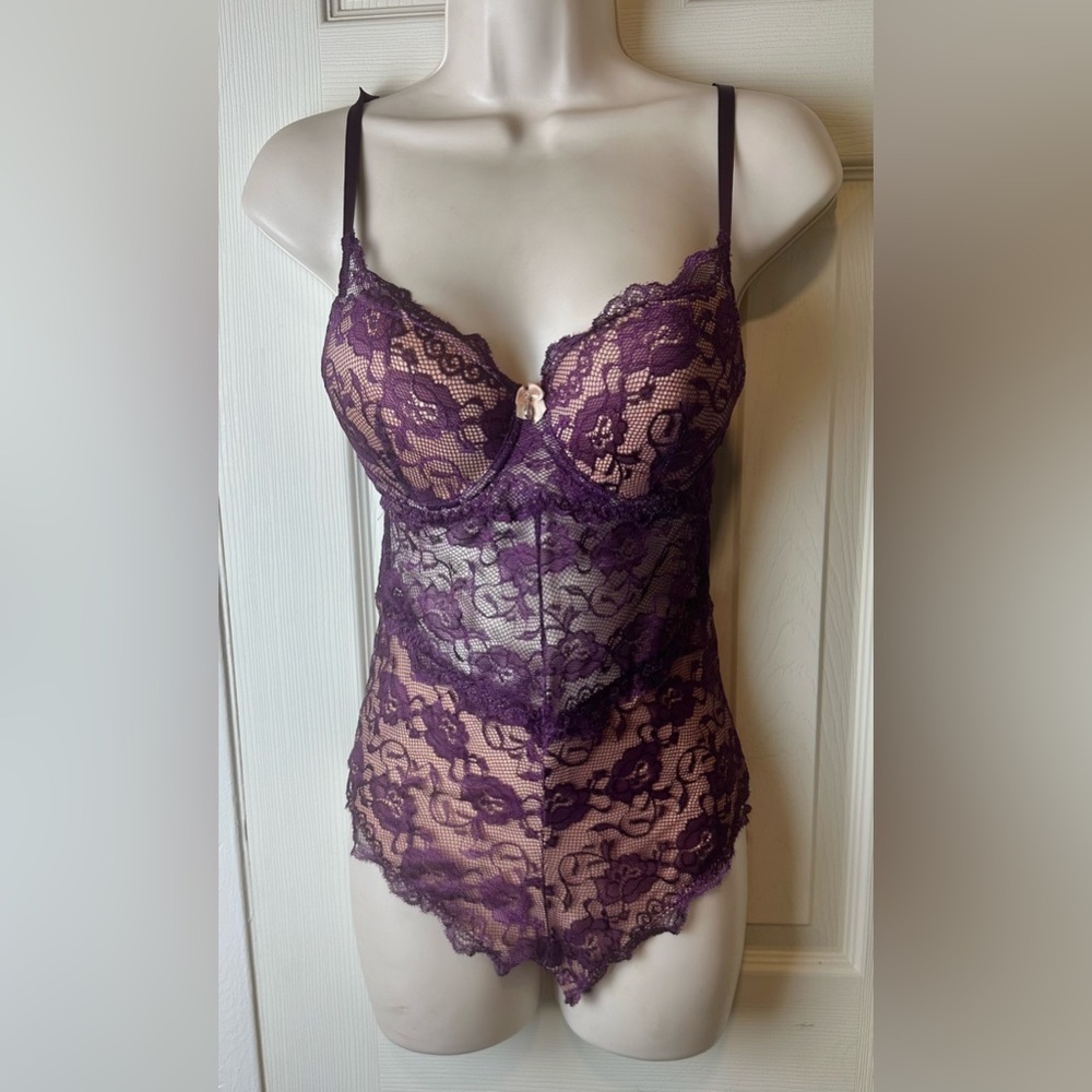French Affairs Plum Lace Push-Up Camisole Bodysuit MEDIUM